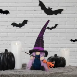 Northlight 14" Black And Purple Witch Gnome With Broom Indoor Halloween Figure